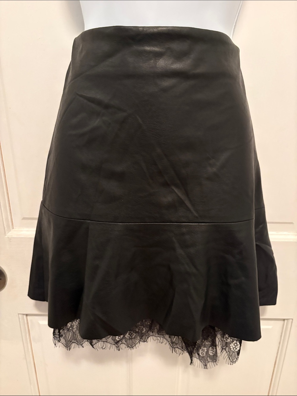 Willow & Clay Black Faux Leather A-Line Skirt with Lace Trim - Women size Large